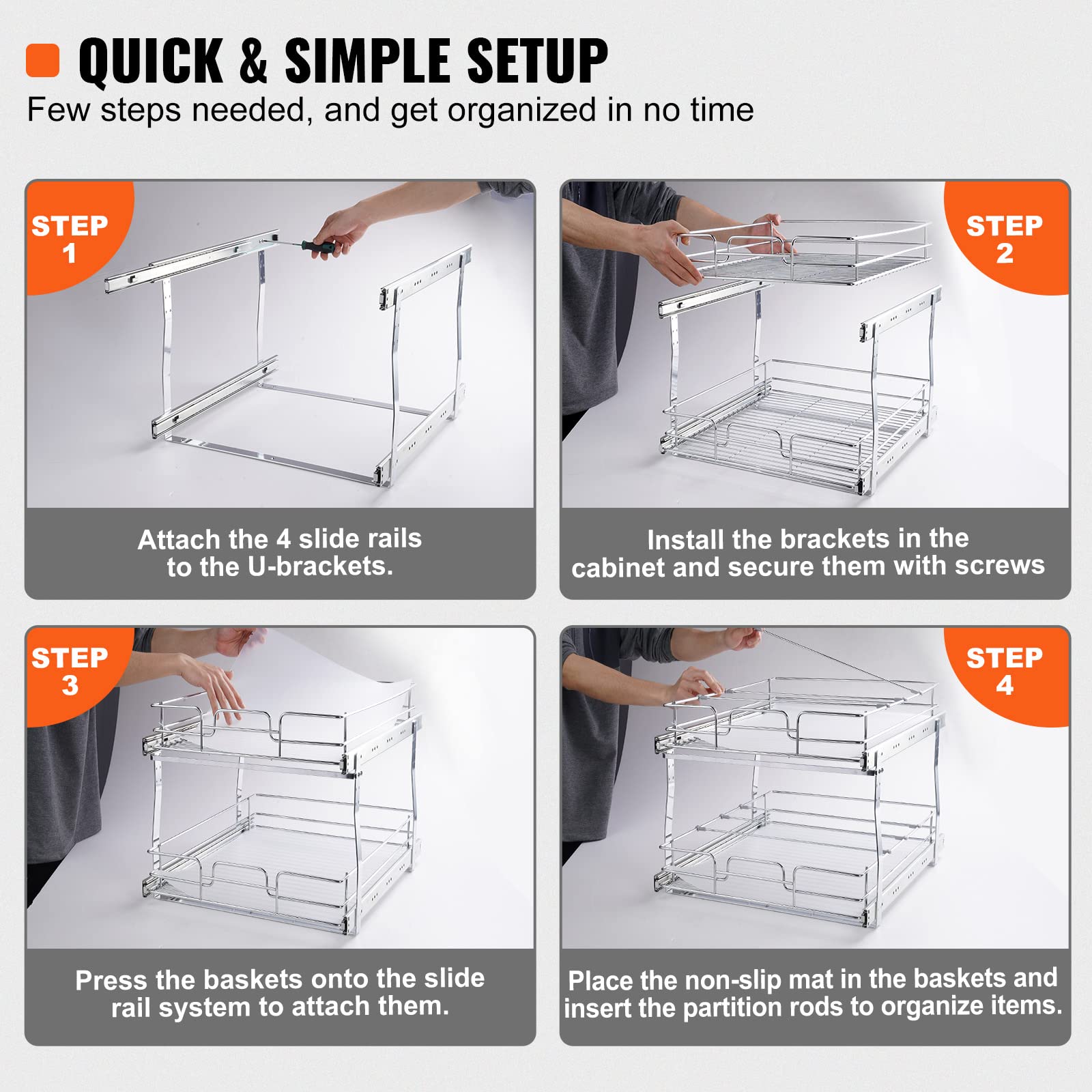 Vevor 2 Tier 13''W X 21''D Pull Out Cabinet Organizer, Heavy Duty Slide Out Pantry Shelves, Chrome-Plated Steel Roll Out Drawers